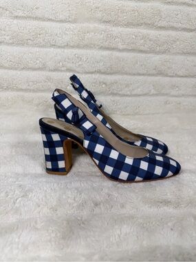 Boden Blue / White Gingham Check Slingback Heels Size US 7/ 38 Leather Bottom